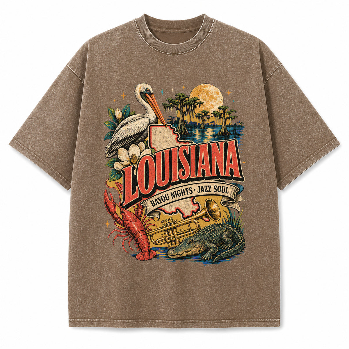 Colorful Louisiana State Collage Washed Vintage T-Shirt in Brown, front view on a white background