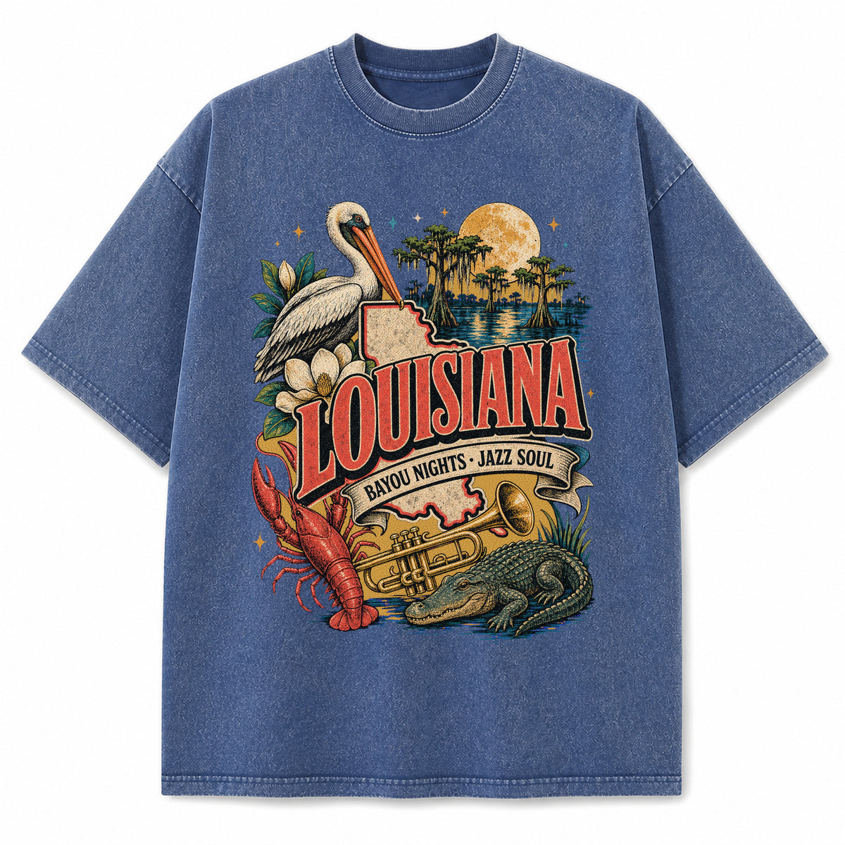 Colorful Louisiana State Collage Washed Vintage T-Shirt in Blue, front view on a white background