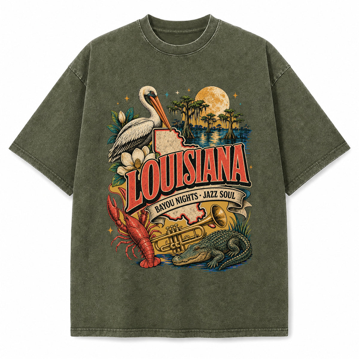 Colorful Louisiana State Collage Washed Vintage T-Shirt in Military Green, front view on a white background