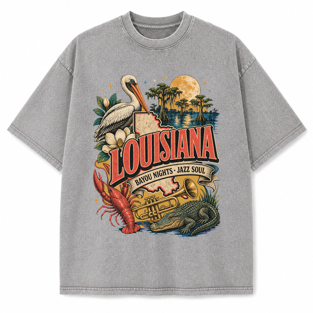 Colorful Louisiana State Collage Washed Vintage T-Shirt in Light Gray, front view on a white background