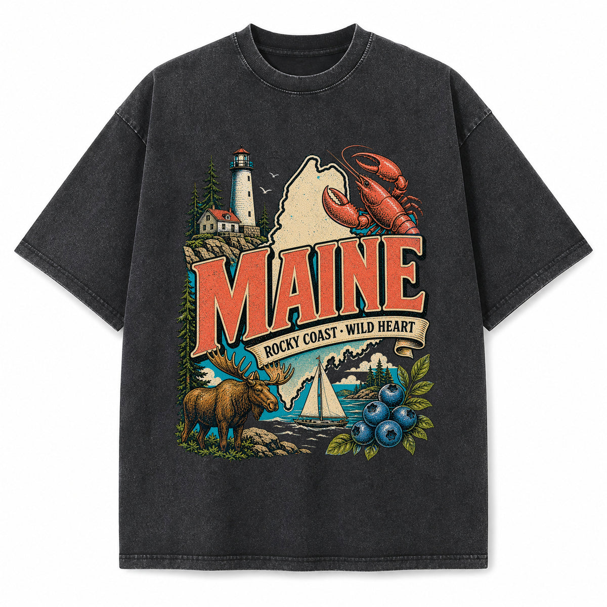 Colorful Maine State Collage Washed Vintage T-Shirt in Black, front view on a white background