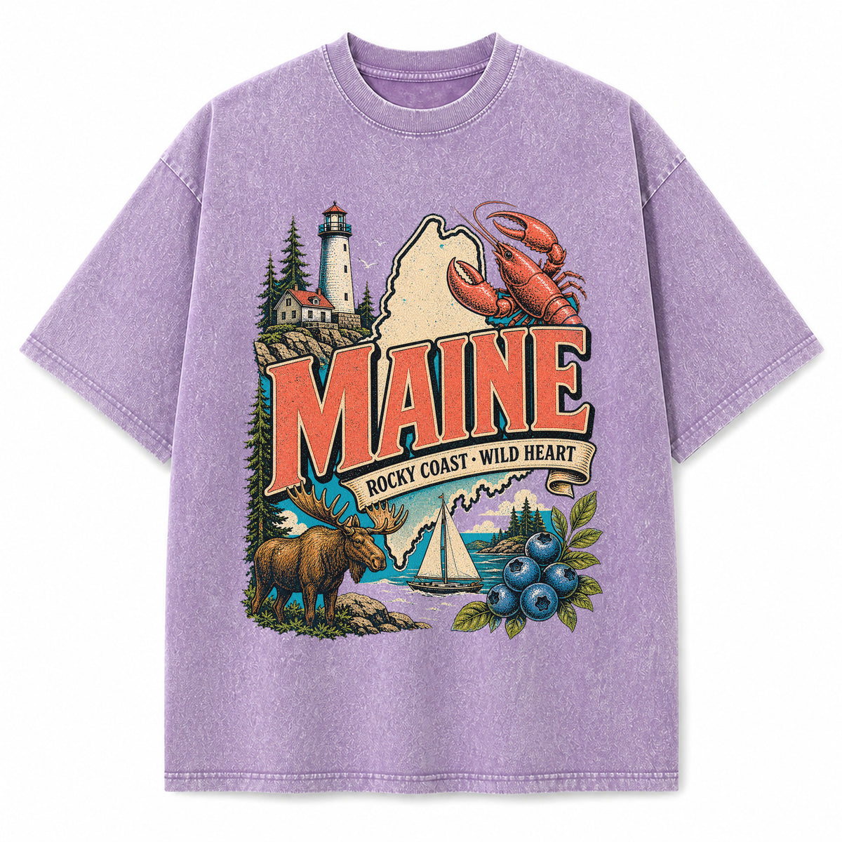 Colorful Maine State Collage Washed Vintage T-Shirt in Purple, front view on a white background