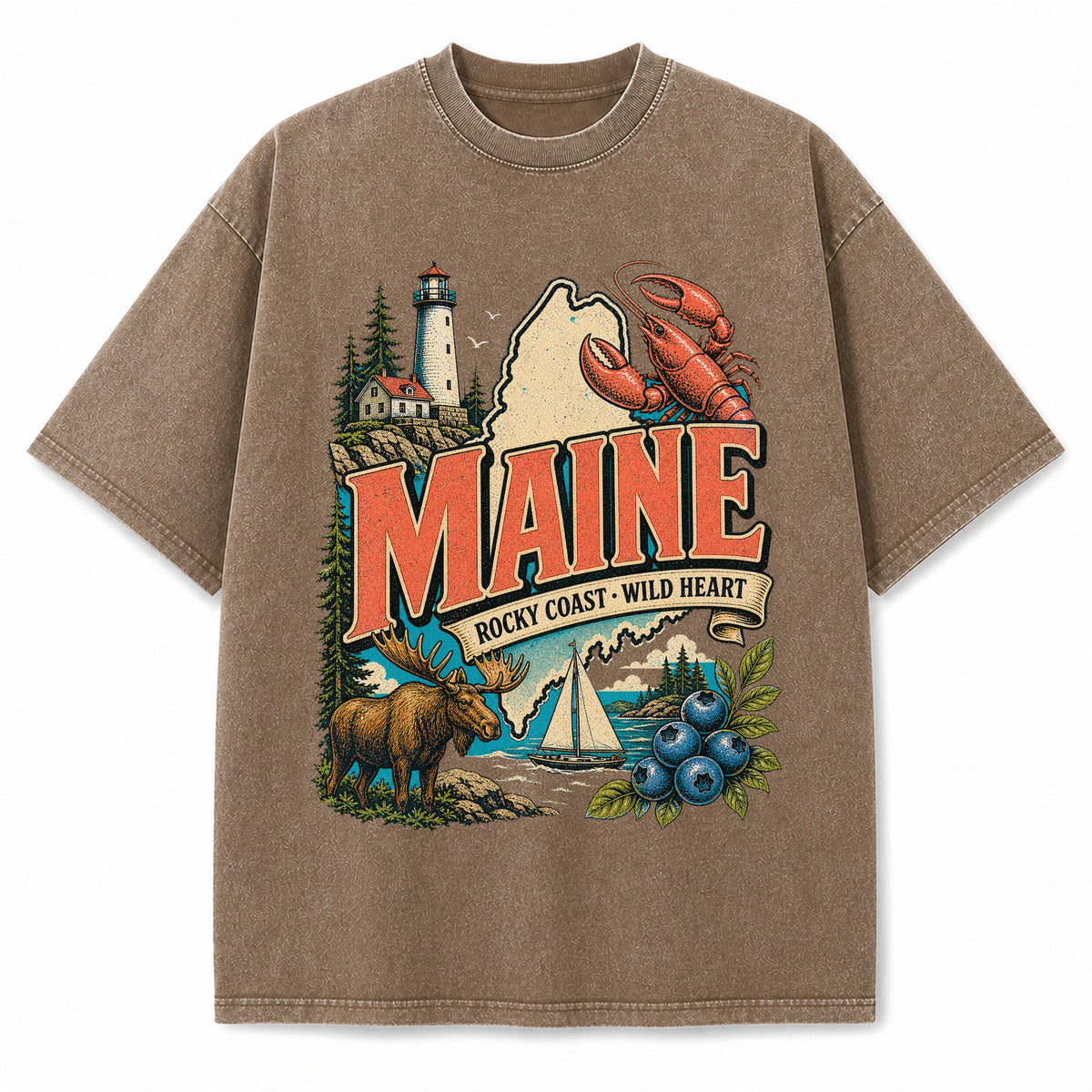 Colorful Maine State Collage Washed Vintage T-Shirt in Brown, front view on a white background