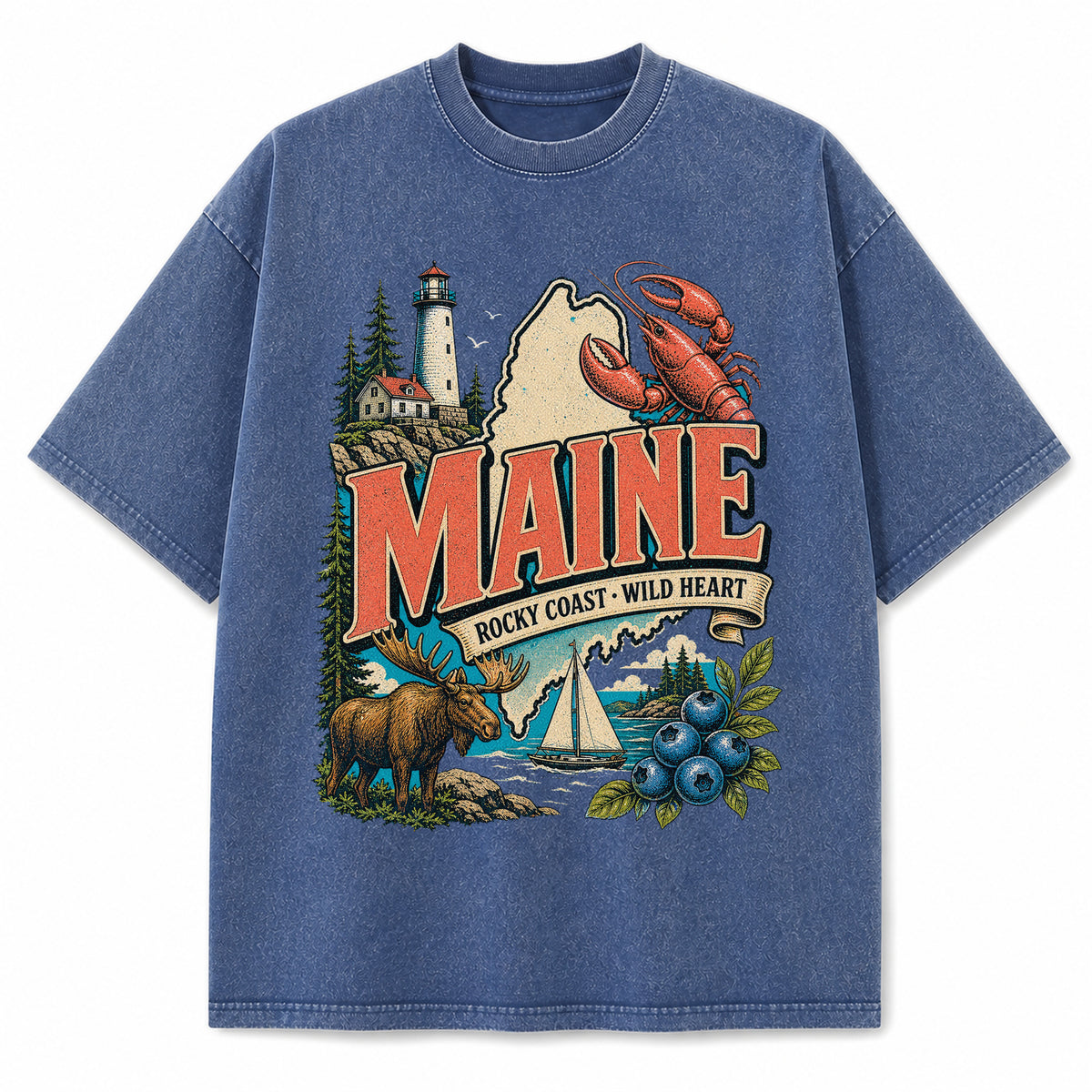 Colorful Maine State Collage Washed Vintage T-Shirt in Blue, front view on a white background