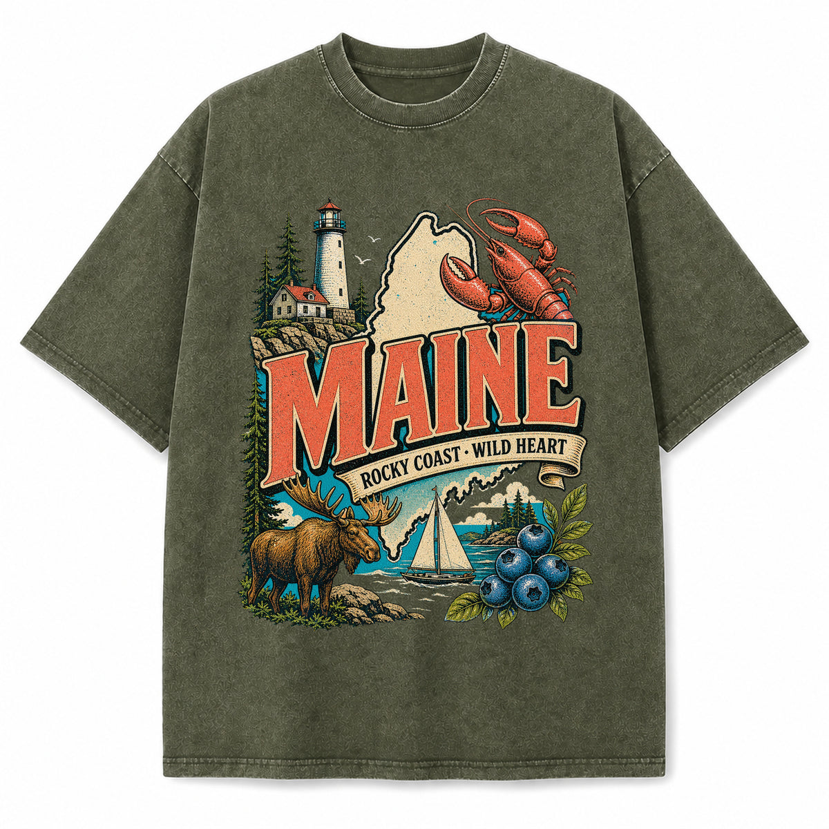 Colorful Maine State Collage Washed Vintage T-Shirt in Military Green, front view on a white background