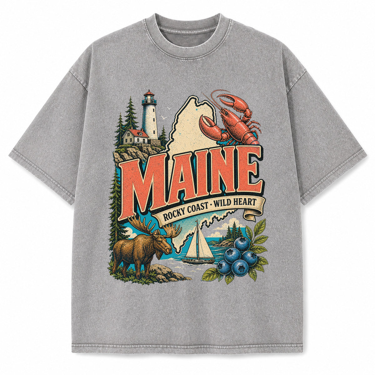 Colorful Maine State Collage Washed Vintage T-Shirt in Light Gray, front view on a white background