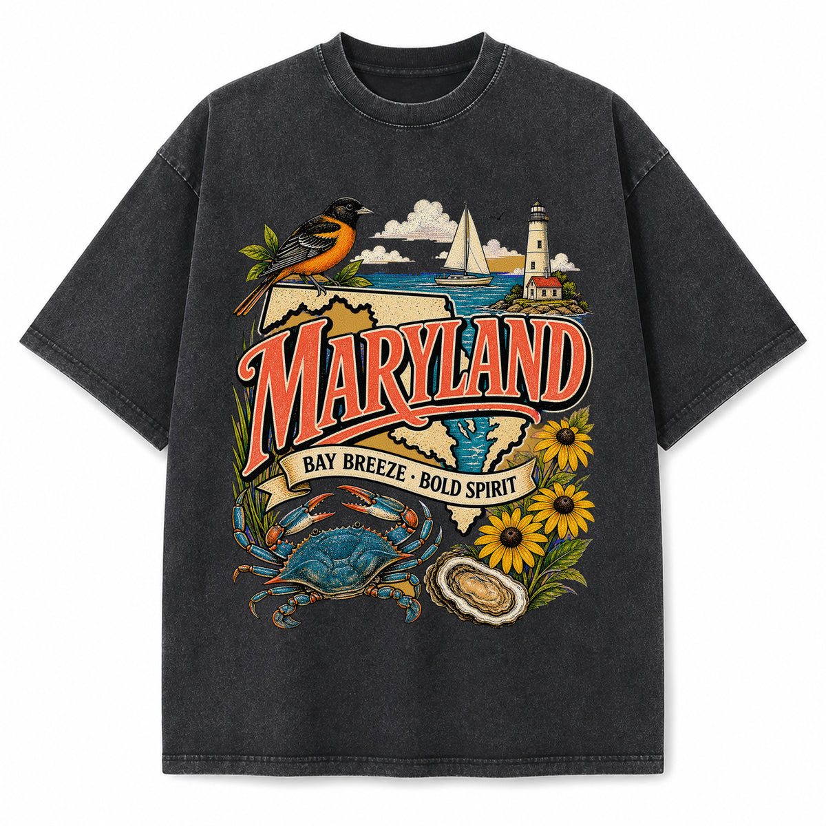 Colorful Maryland State Collage Washed Vintage T-Shirt in Black, front view on a white background