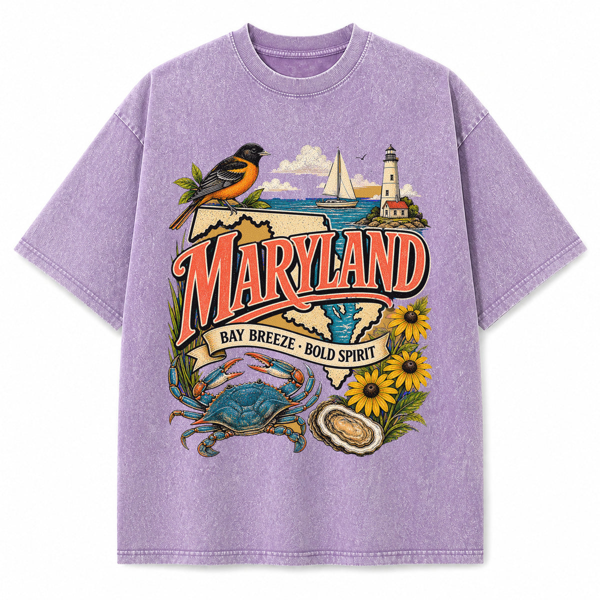 Colorful Maryland State Collage Washed Vintage T-Shirt in Purple, front view on a white background