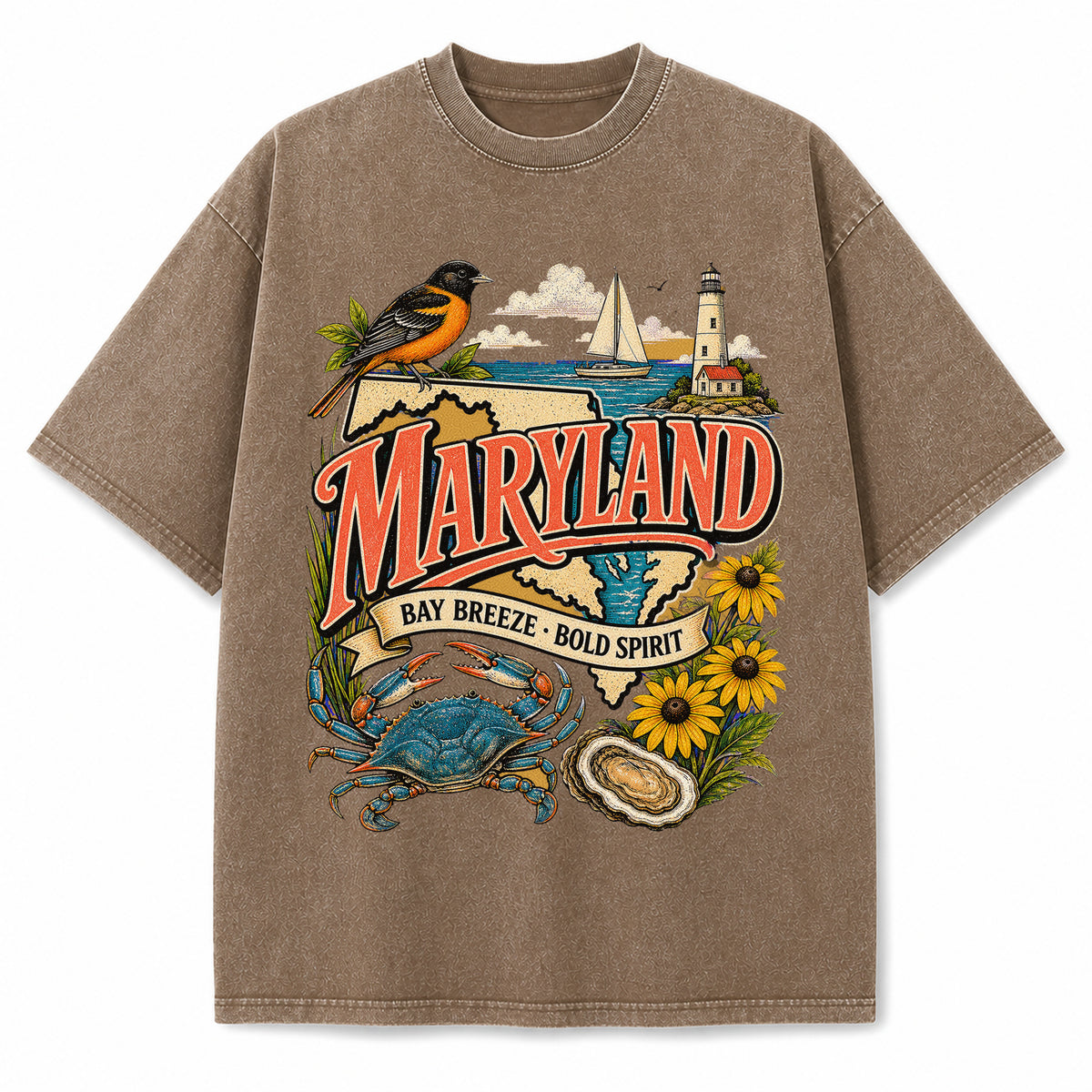 Colorful Maryland State Collage Washed Vintage T-Shirt in Brown, front view on a white background