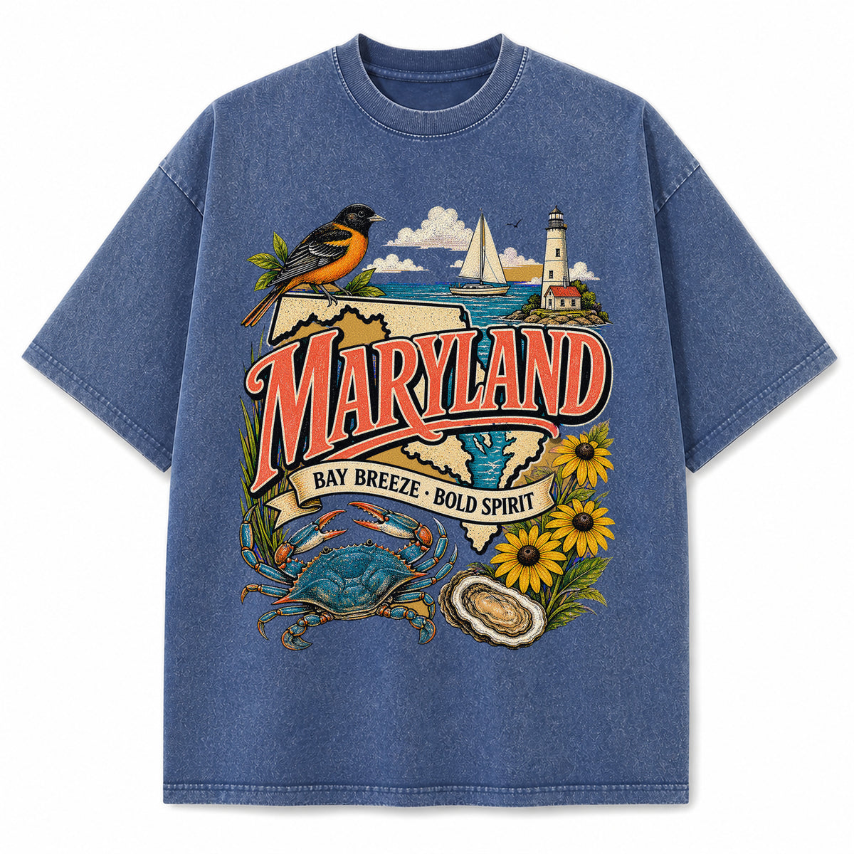 Colorful Maryland State Collage Washed Vintage T-Shirt in Blue, front view on a white background