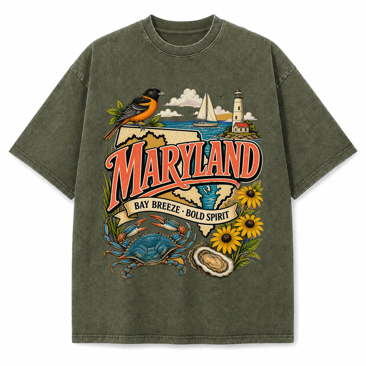 Colorful Maryland State Collage Washed Vintage T-Shirt in Military Green, front view on a white background
