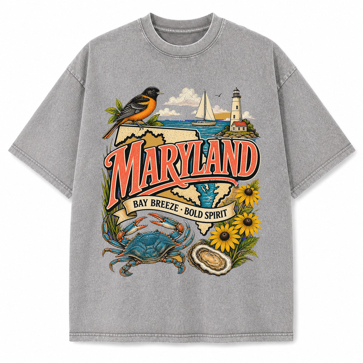 Colorful Maryland State Collage Washed Vintage T-Shirt in Light Gray, front view on a white background