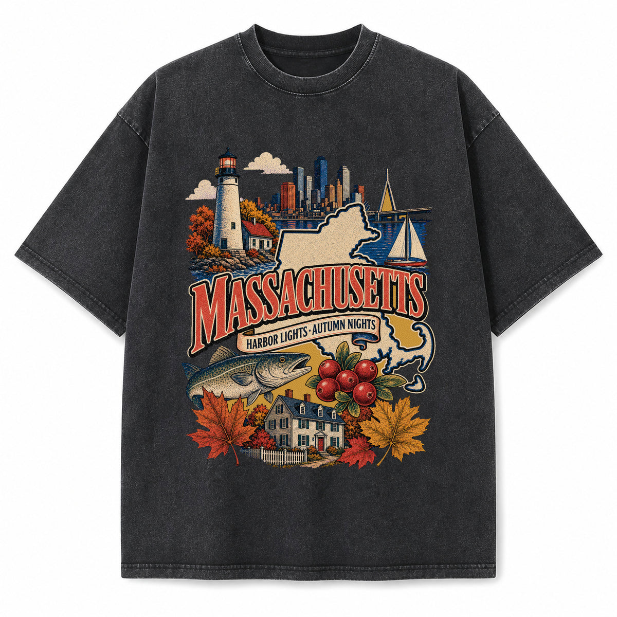 Colorful Massachusetts State Collage Washed Vintage T-Shirt in Black, front view on a white background
