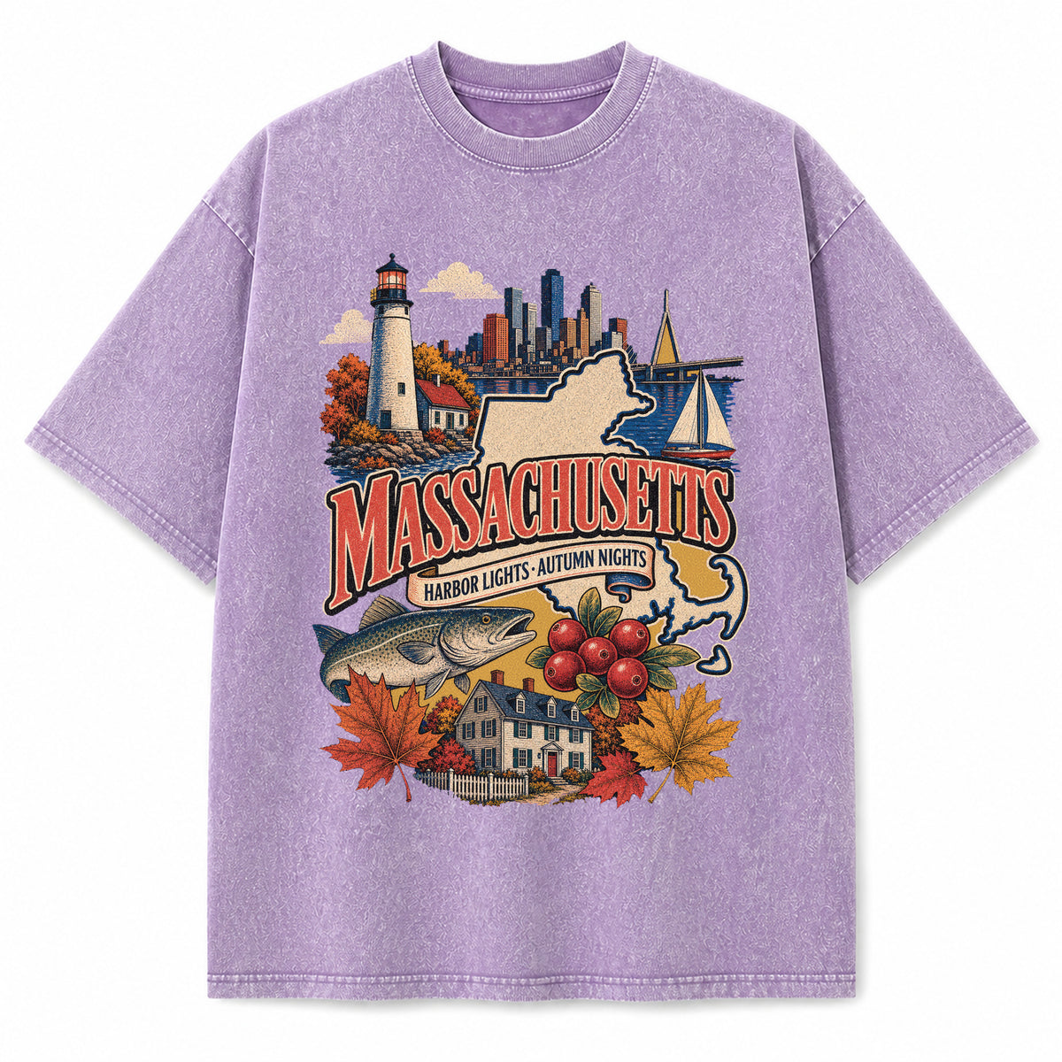 Colorful Massachusetts State Collage Washed Vintage T-Shirt in Purple, front view on a white background