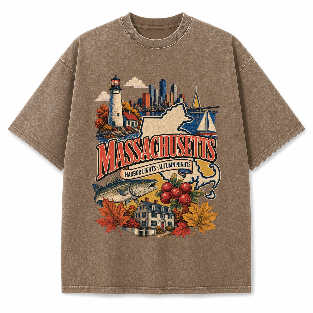 Colorful Massachusetts State Collage Washed Vintage T-Shirt in Brown, front view on a white background