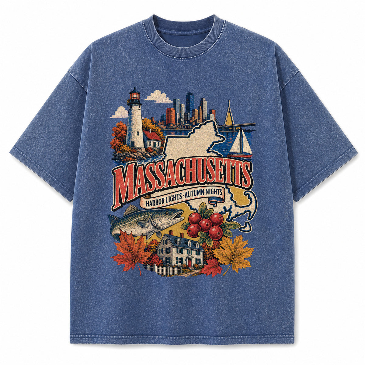 Colorful Massachusetts State Collage Washed Vintage T-Shirt in Blue, front view on a white background