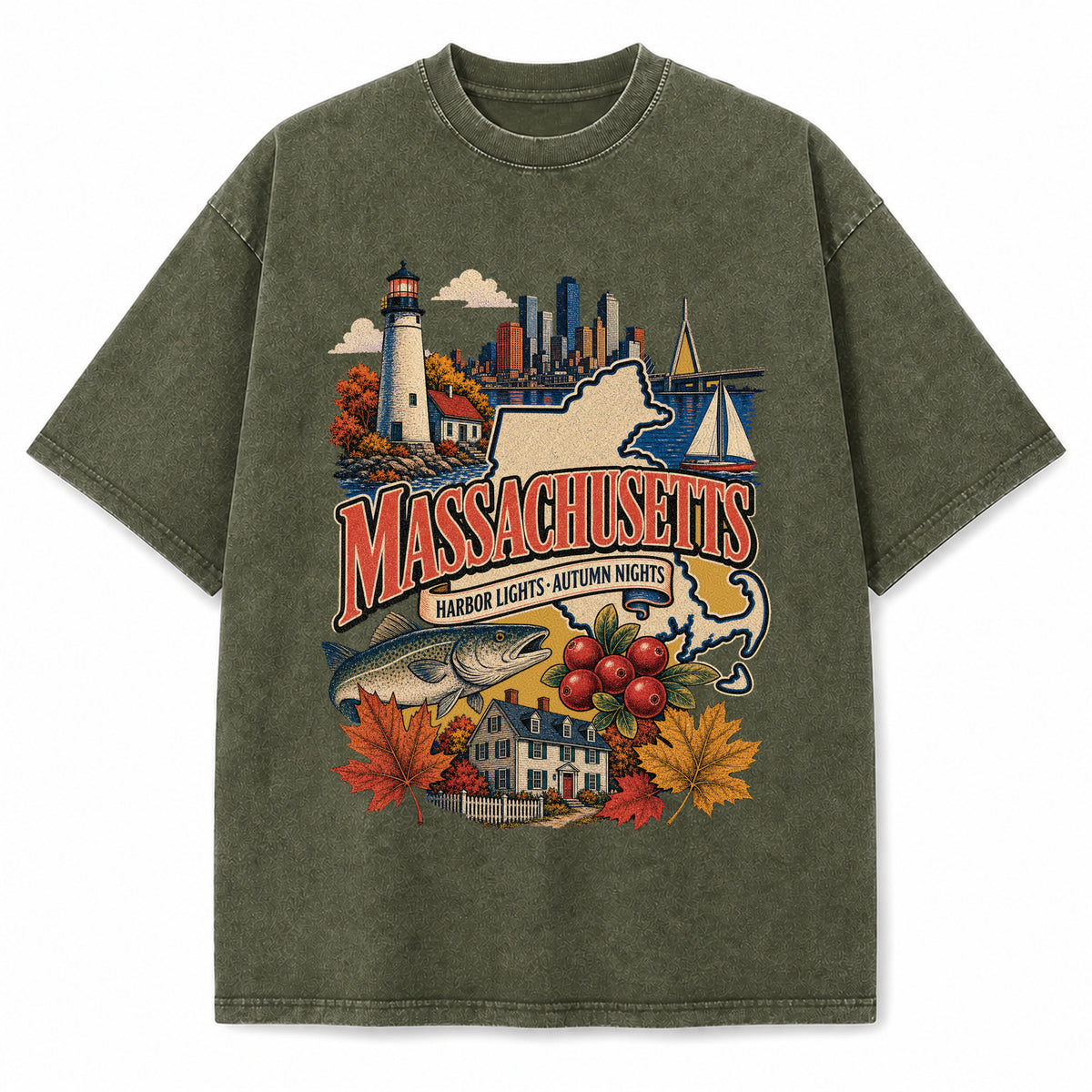 Colorful Massachusetts State Collage Washed Vintage T-Shirt in Military Green, front view on a white background