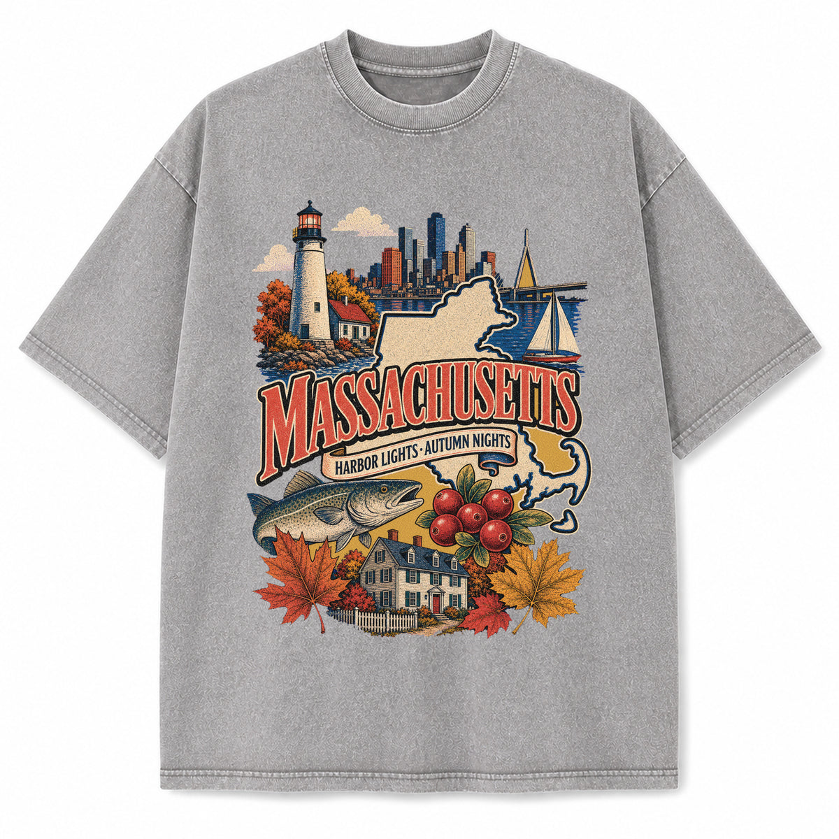 Colorful Massachusetts State Collage Washed Vintage T-Shirt in Light Gray, front view on a white background