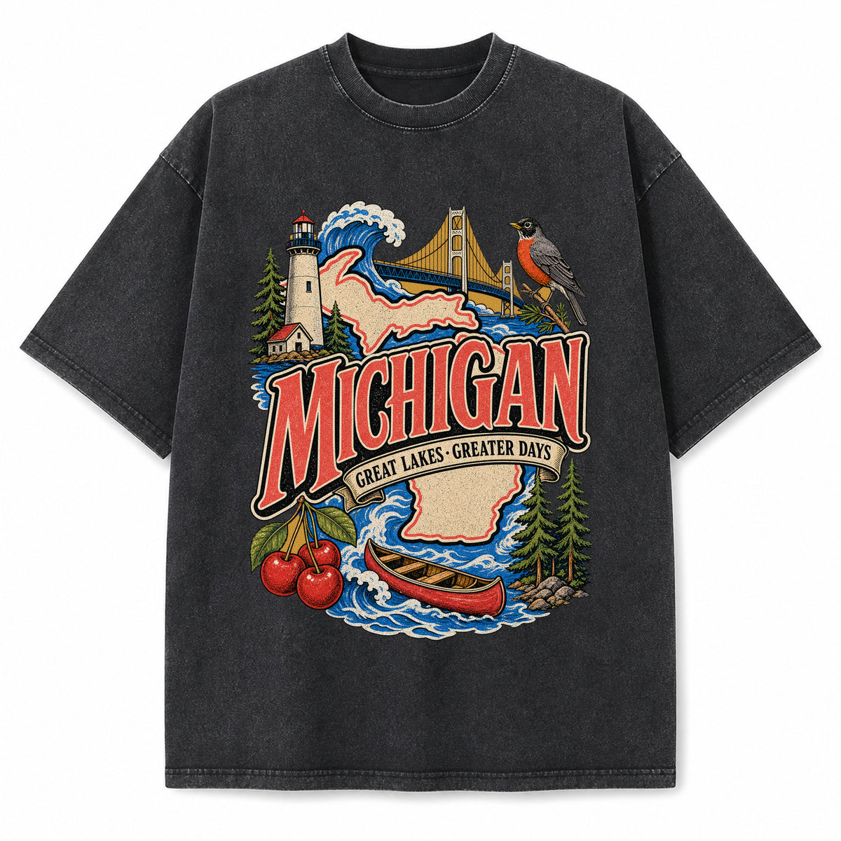 Colorful Michigan State Collage Washed Vintage T-Shirt in Black, front view on a white background