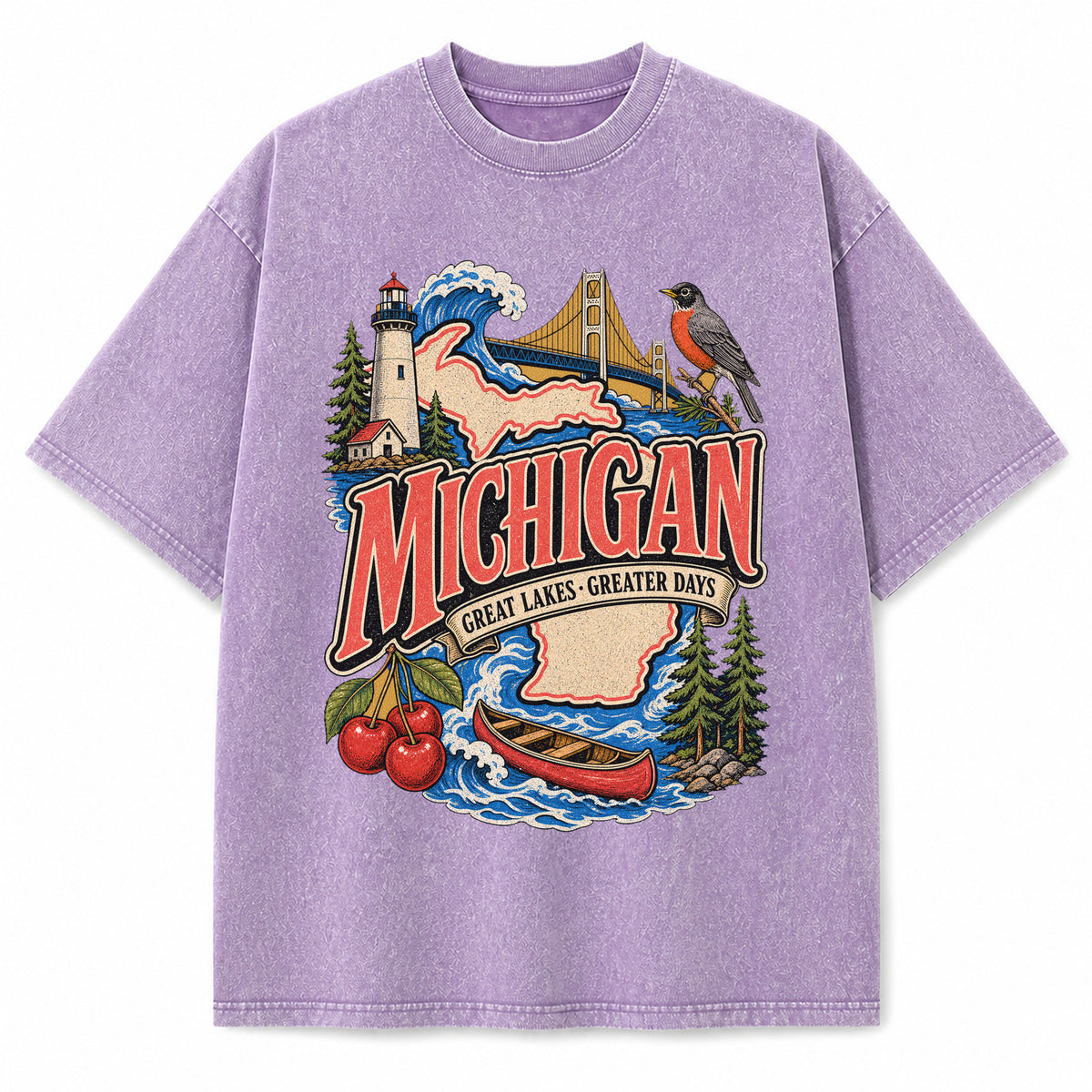 Colorful Michigan State Collage Washed Vintage T-Shirt in Purple, front view on a white background