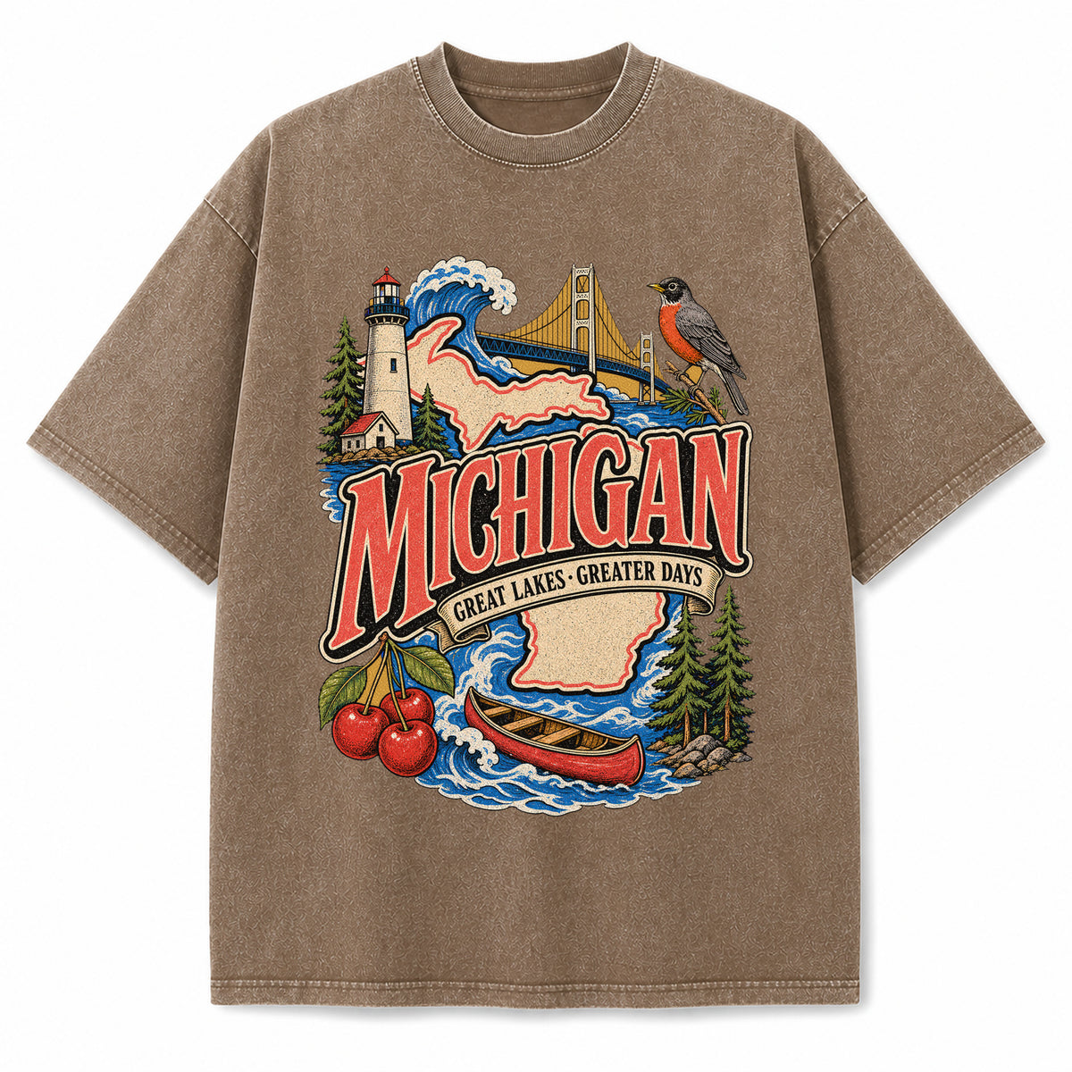Colorful Michigan State Collage Washed Vintage T-Shirt in Brown, front view on a white background