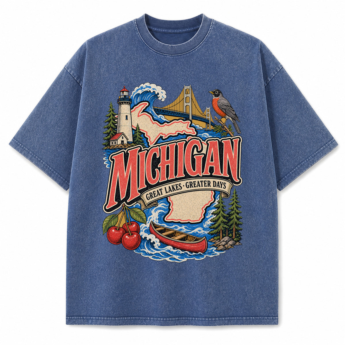 Colorful Michigan State Collage Washed Vintage T-Shirt in Blue, front view on a white background
