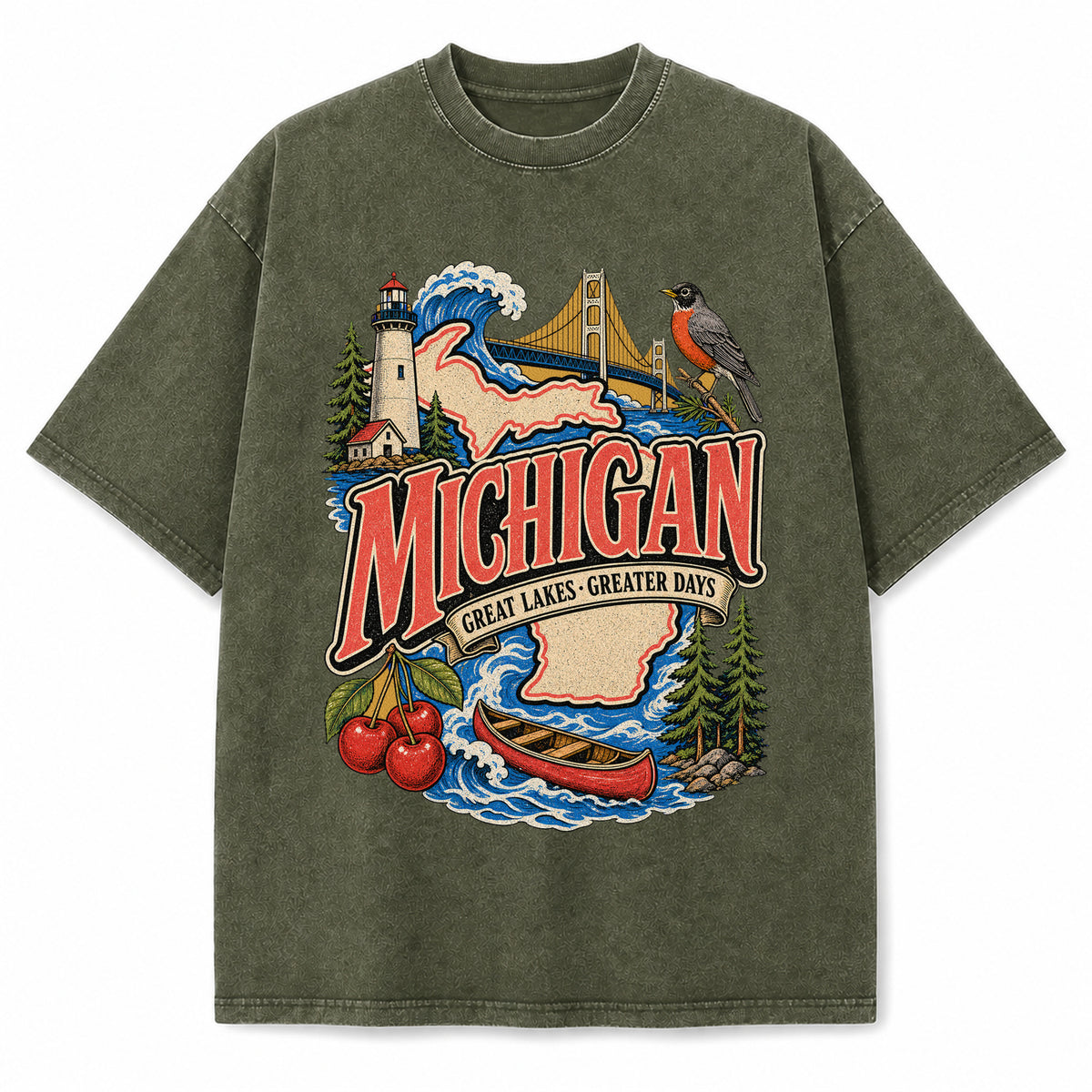 Colorful Michigan State Collage Washed Vintage T-Shirt in Military Green, front view on a white background