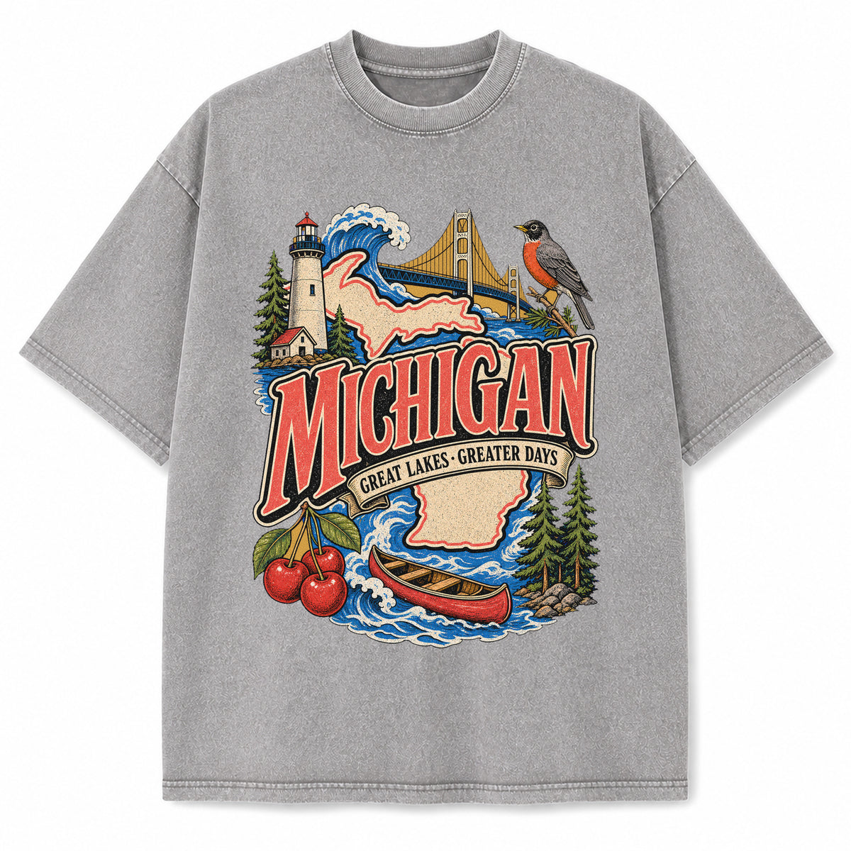 Colorful Michigan State Collage Washed Vintage T-Shirt in Light Gray, front view on a white background