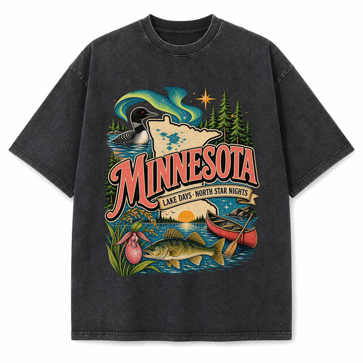 Colorful Minnesota State Collage Washed Vintage T-Shirt in Black, front view on a white background