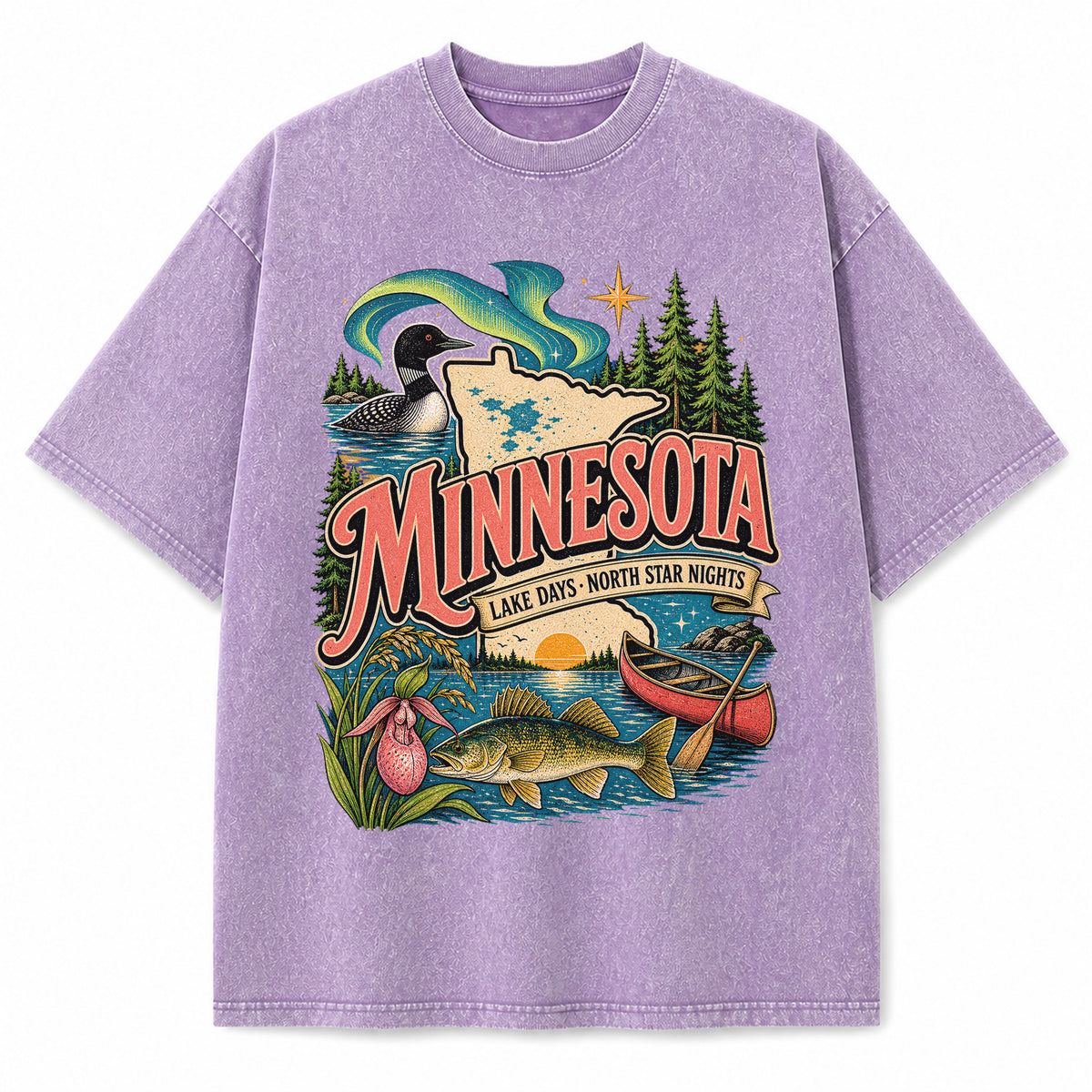 Colorful Minnesota State Collage Washed Vintage T-Shirt in Purple, front view on a white background