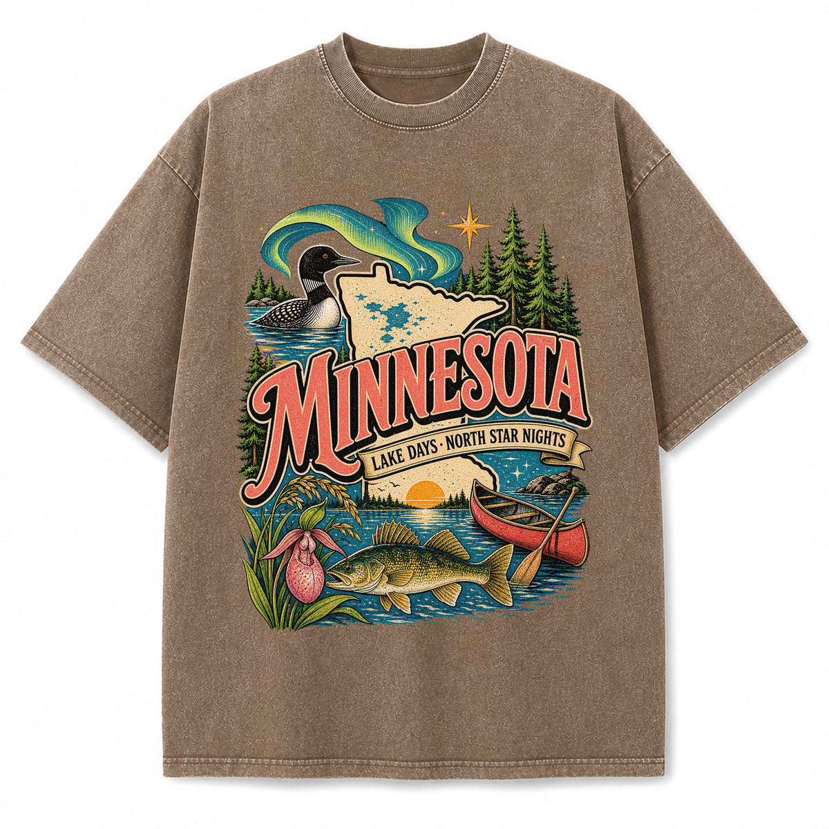 Colorful Minnesota State Collage Washed Vintage T-Shirt in Brown, front view on a white background