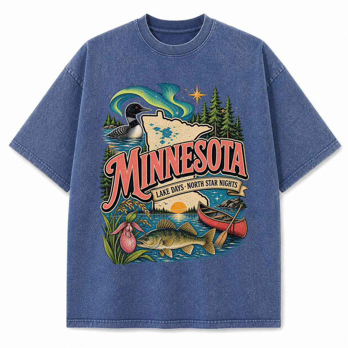 Colorful Minnesota State Collage Washed Vintage T-Shirt in Blue, front view on a white background