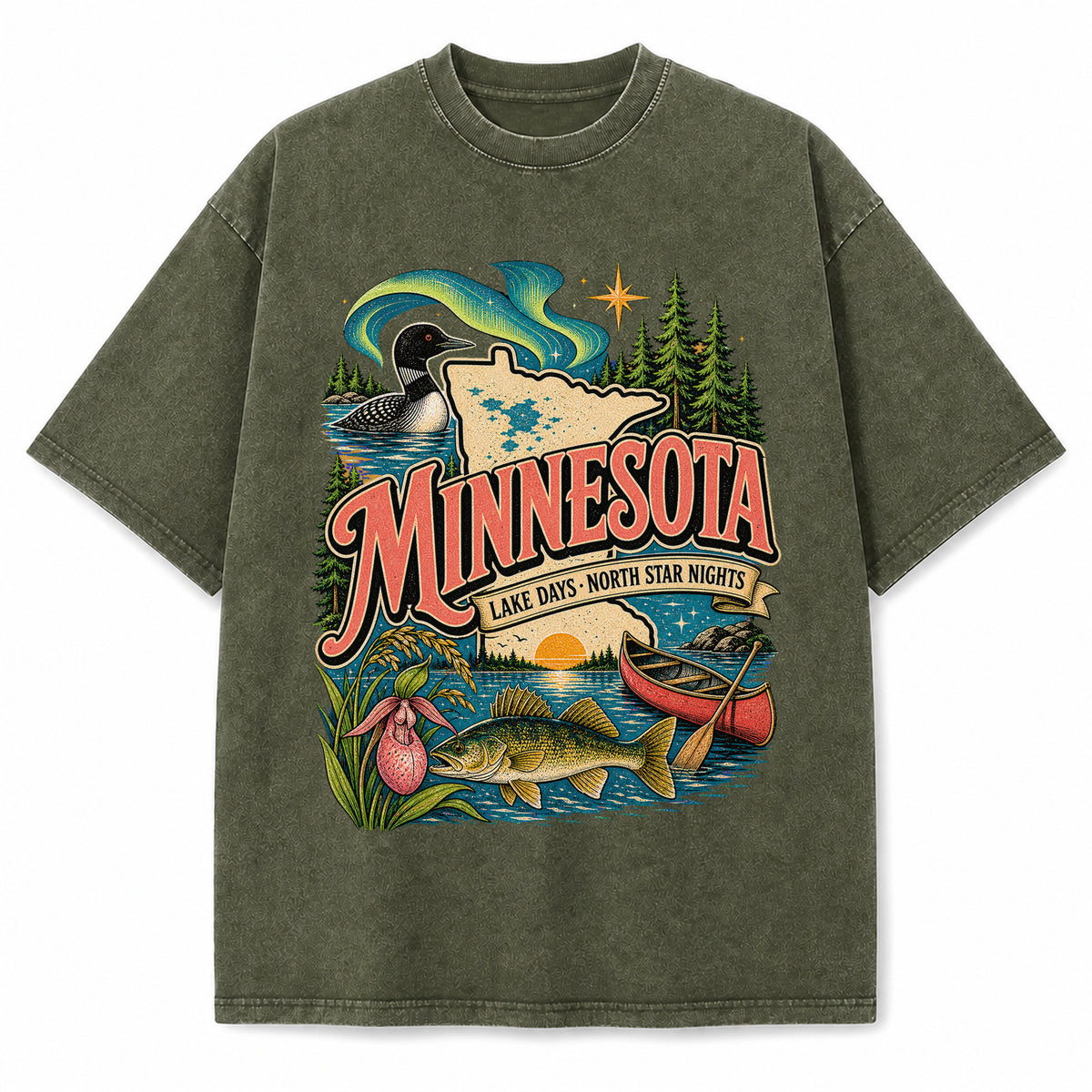 Colorful Minnesota State Collage Washed Vintage T-Shirt in Military Green, front view on a white background