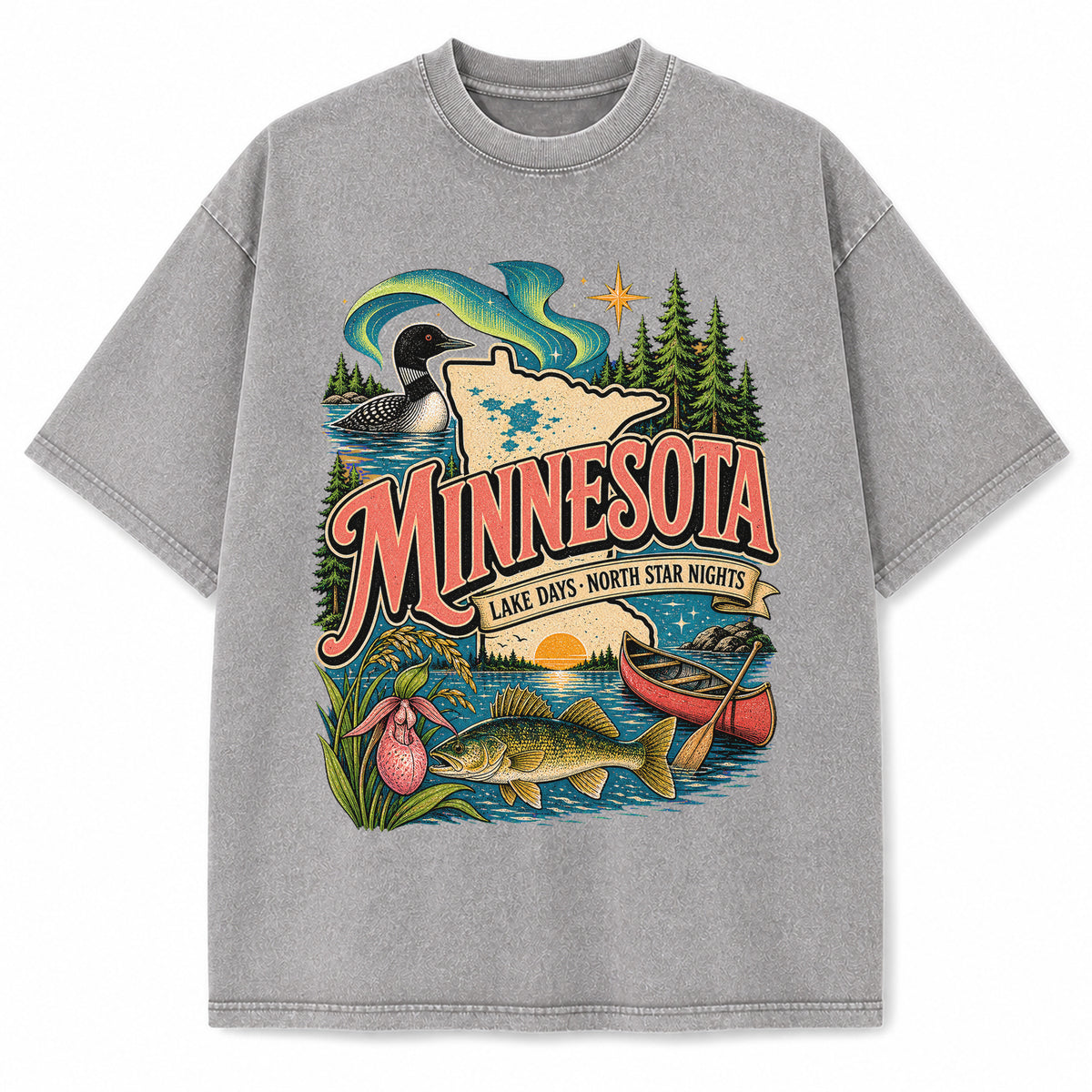 Colorful Minnesota State Collage Washed Vintage T-Shirt in Light Gray, front view on a white background