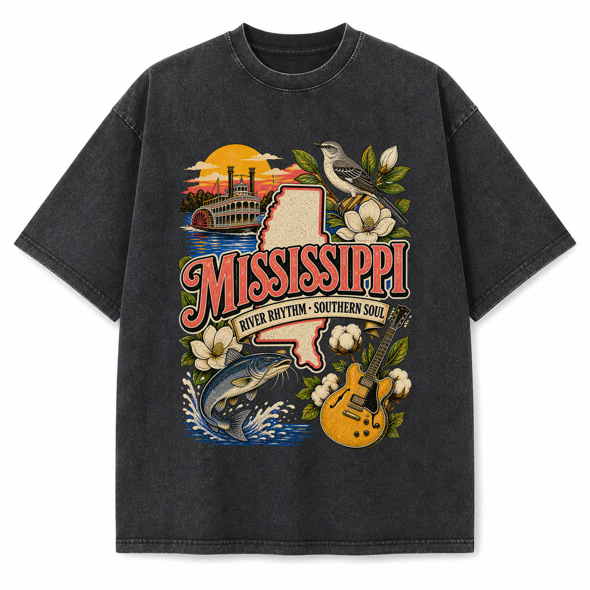 Colorful Mississippi State Collage Washed Vintage T-Shirt in Black, front view on a white background