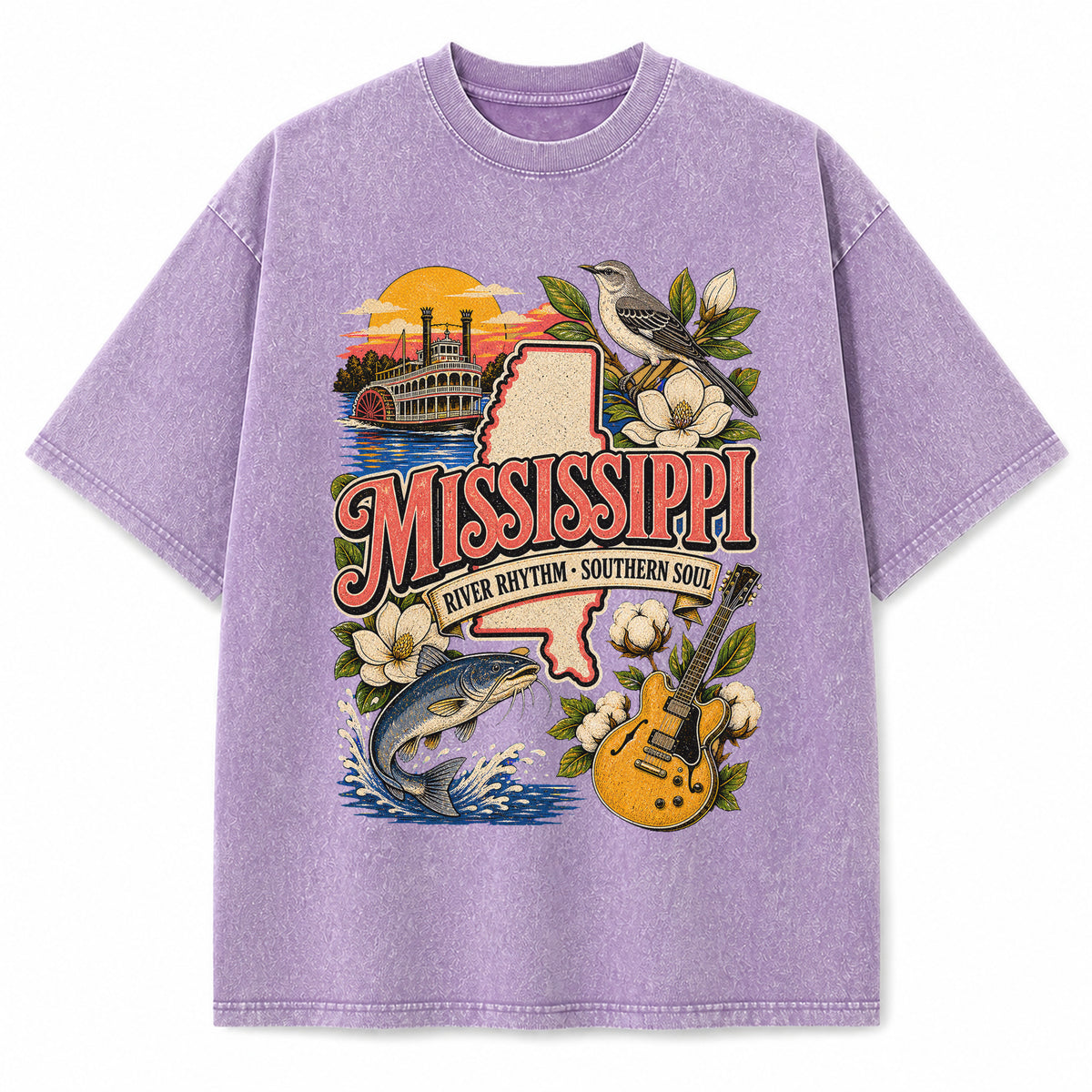 Colorful Mississippi State Collage Washed Vintage T-Shirt in Purple, front view on a white background