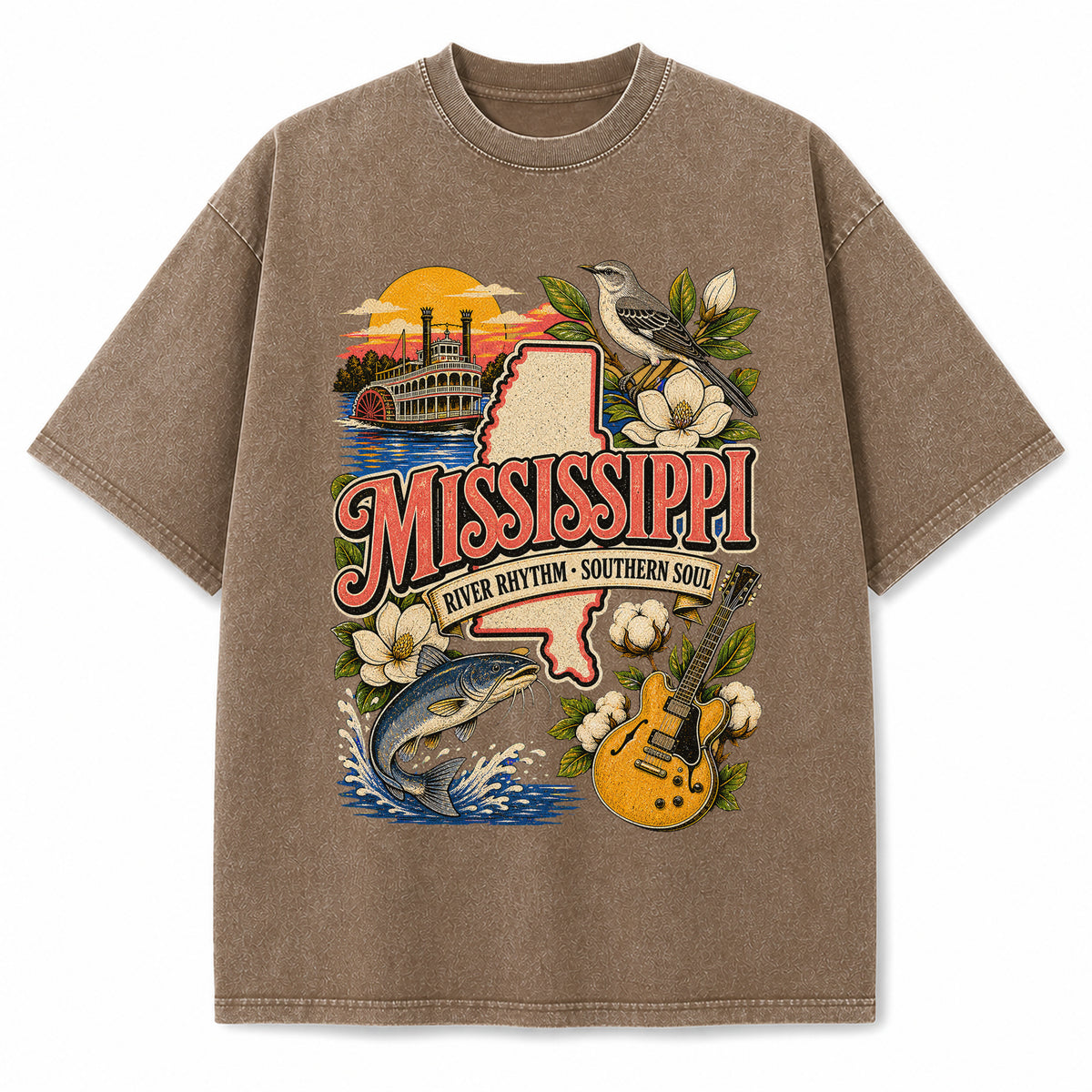Colorful Mississippi State Collage Washed Vintage T-Shirt in Brown, front view on a white background