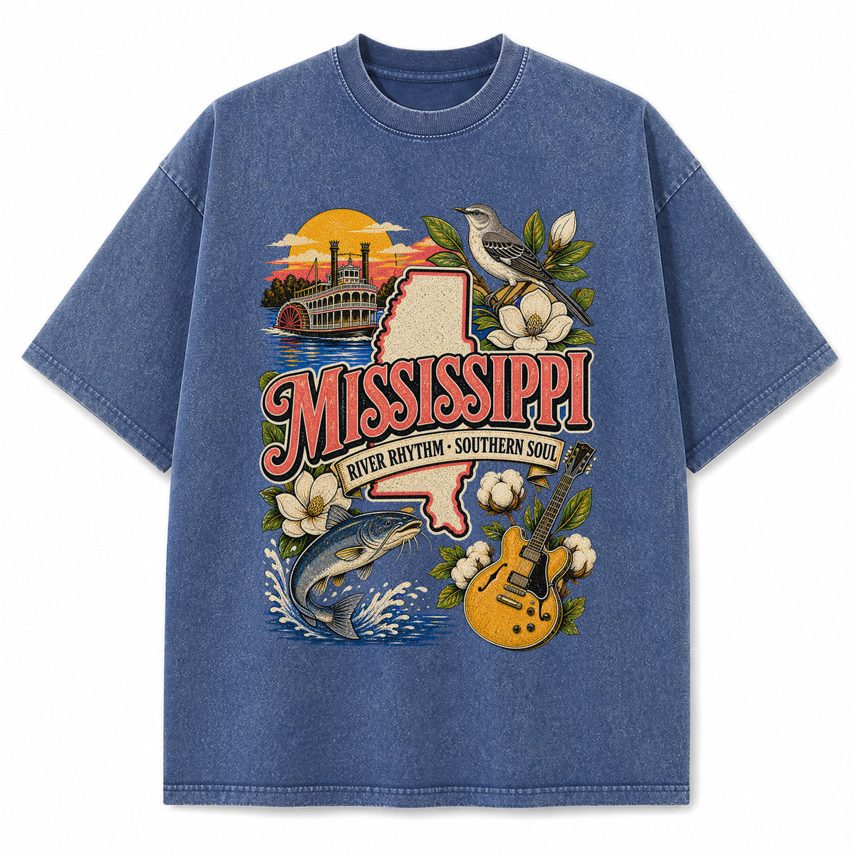 Colorful Mississippi State Collage Washed Vintage T-Shirt in Blue, front view on a white background