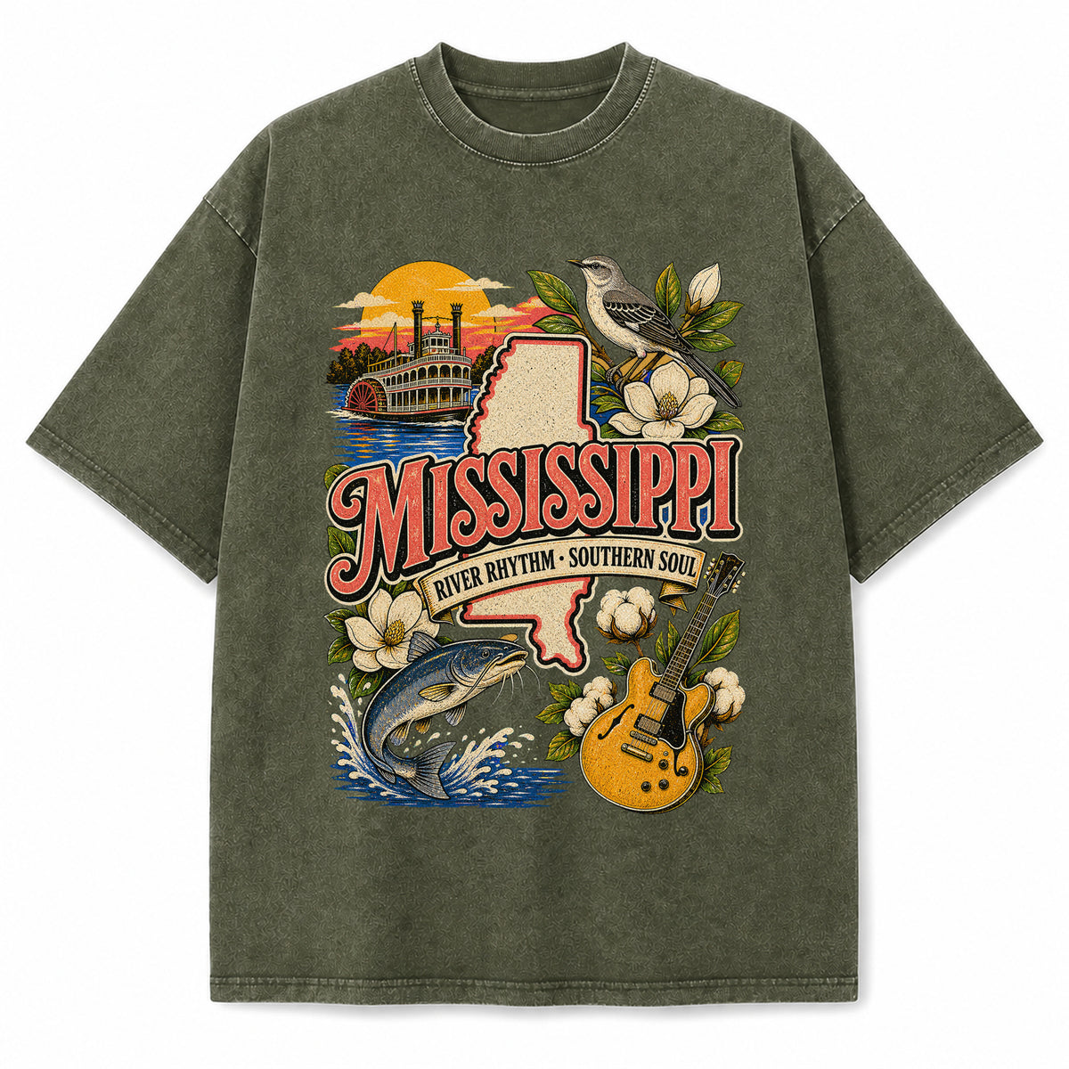 Colorful Mississippi State Collage Washed Vintage T-Shirt in Military Green, front view on a white background