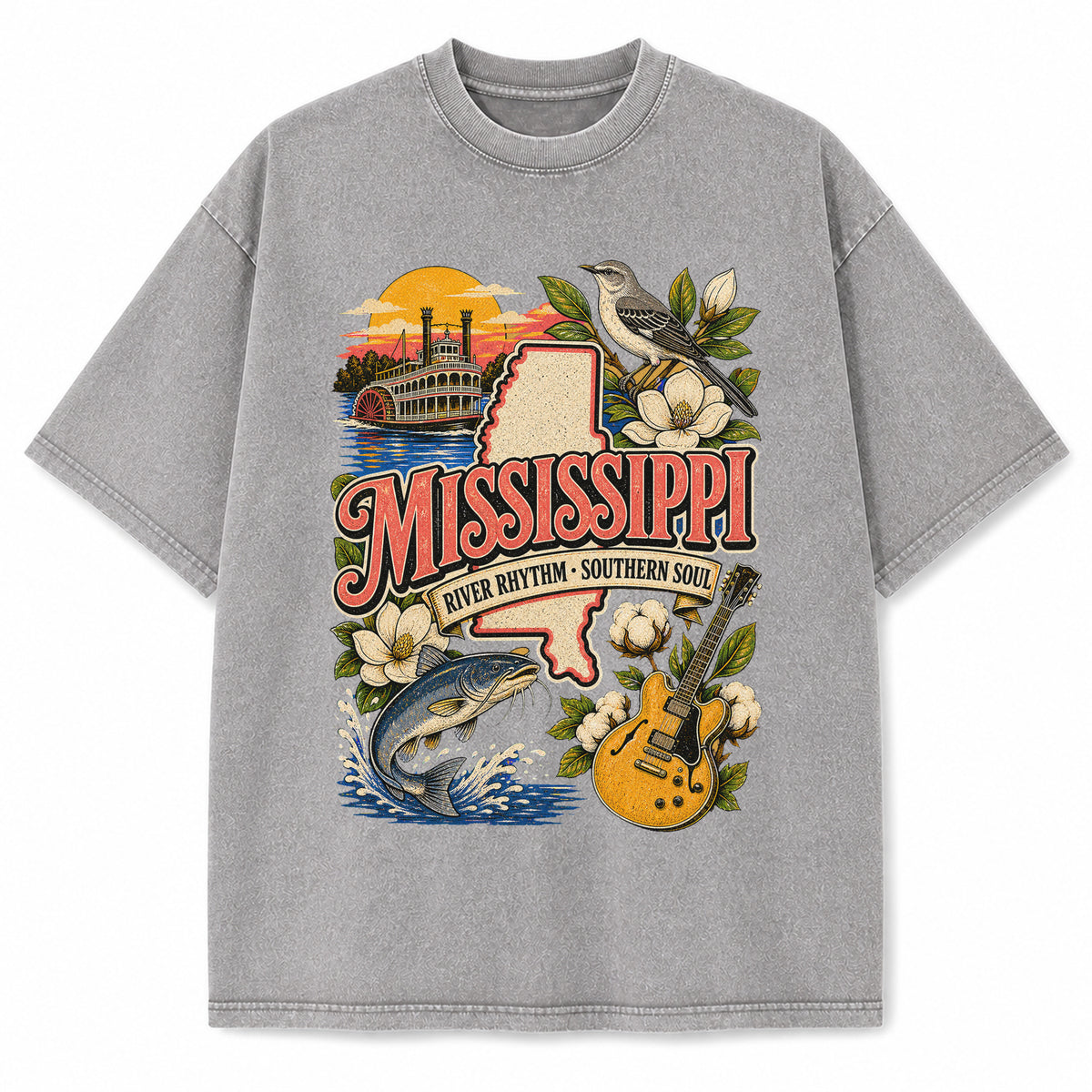 Colorful Mississippi State Collage Washed Vintage T-Shirt in Light Gray, front view on a white background