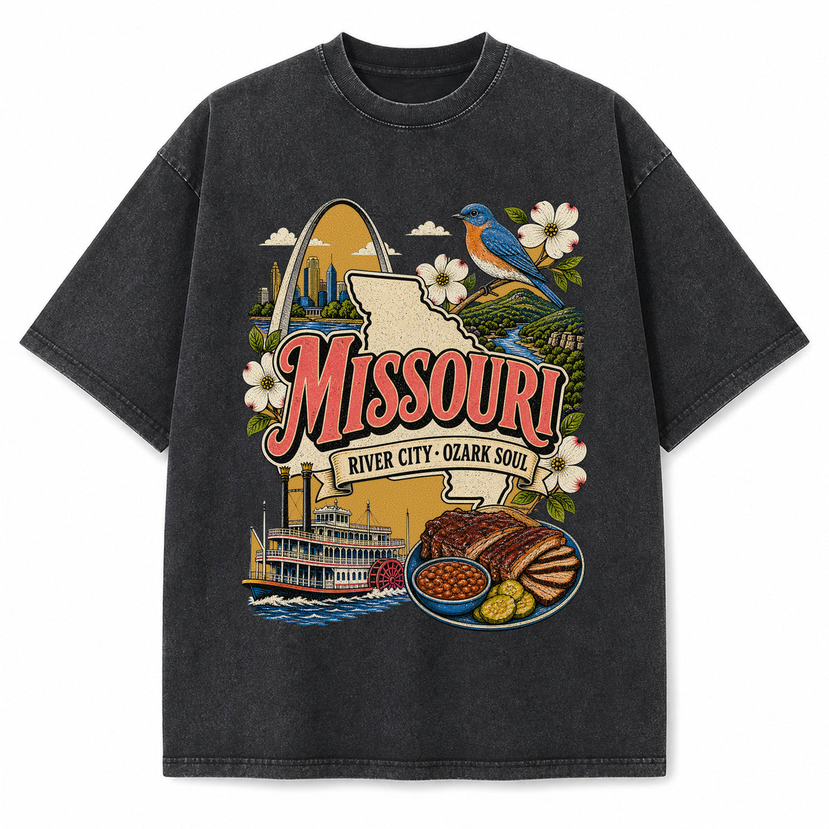Colorful Missouri State Collage Washed Vintage T-Shirt in Black, front view on a white background