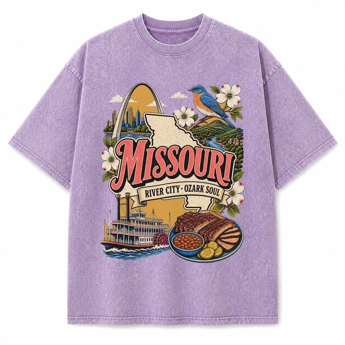 Colorful Missouri State Collage Washed Vintage T-Shirt in Purple, front view on a white background
