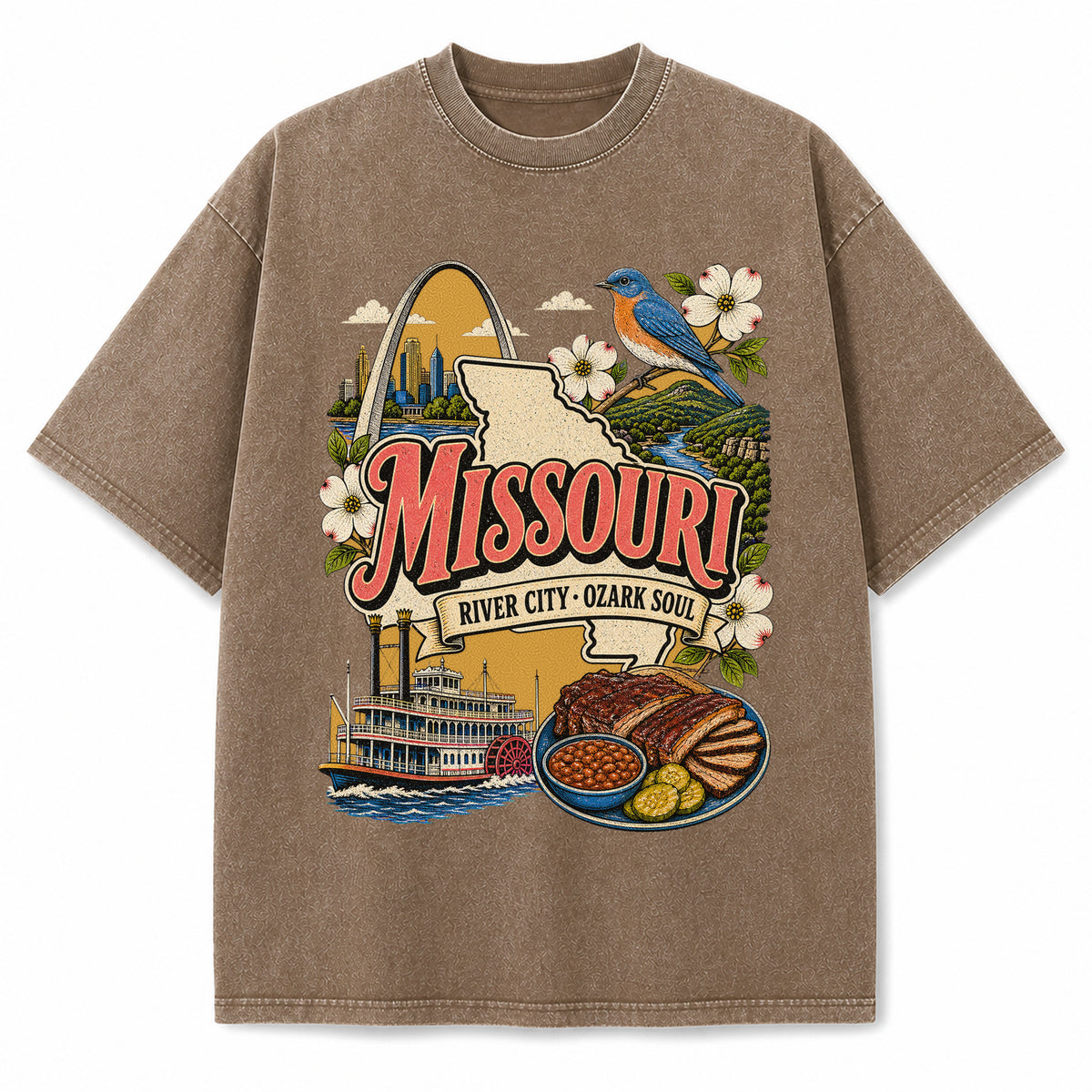 Colorful Missouri State Collage Washed Vintage T-Shirt in Brown, front view on a white background