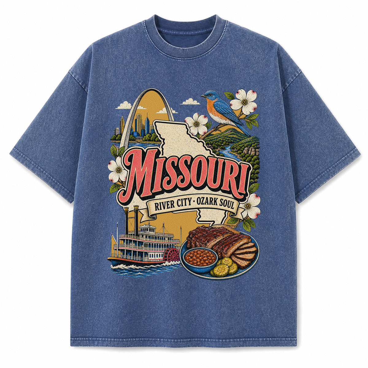 Colorful Missouri State Collage Washed Vintage T-Shirt in Blue, front view on a white background