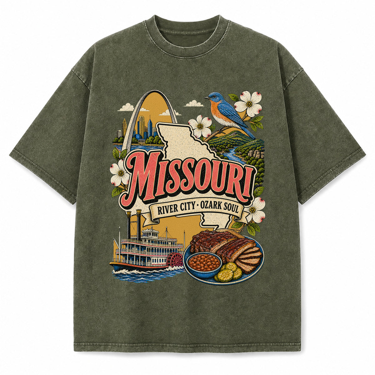 Colorful Missouri State Collage Washed Vintage T-Shirt in Military Green, front view on a white background
