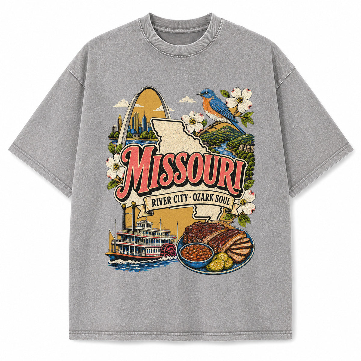Colorful Missouri State Collage Washed Vintage T-Shirt in Light Gray, front view on a white background