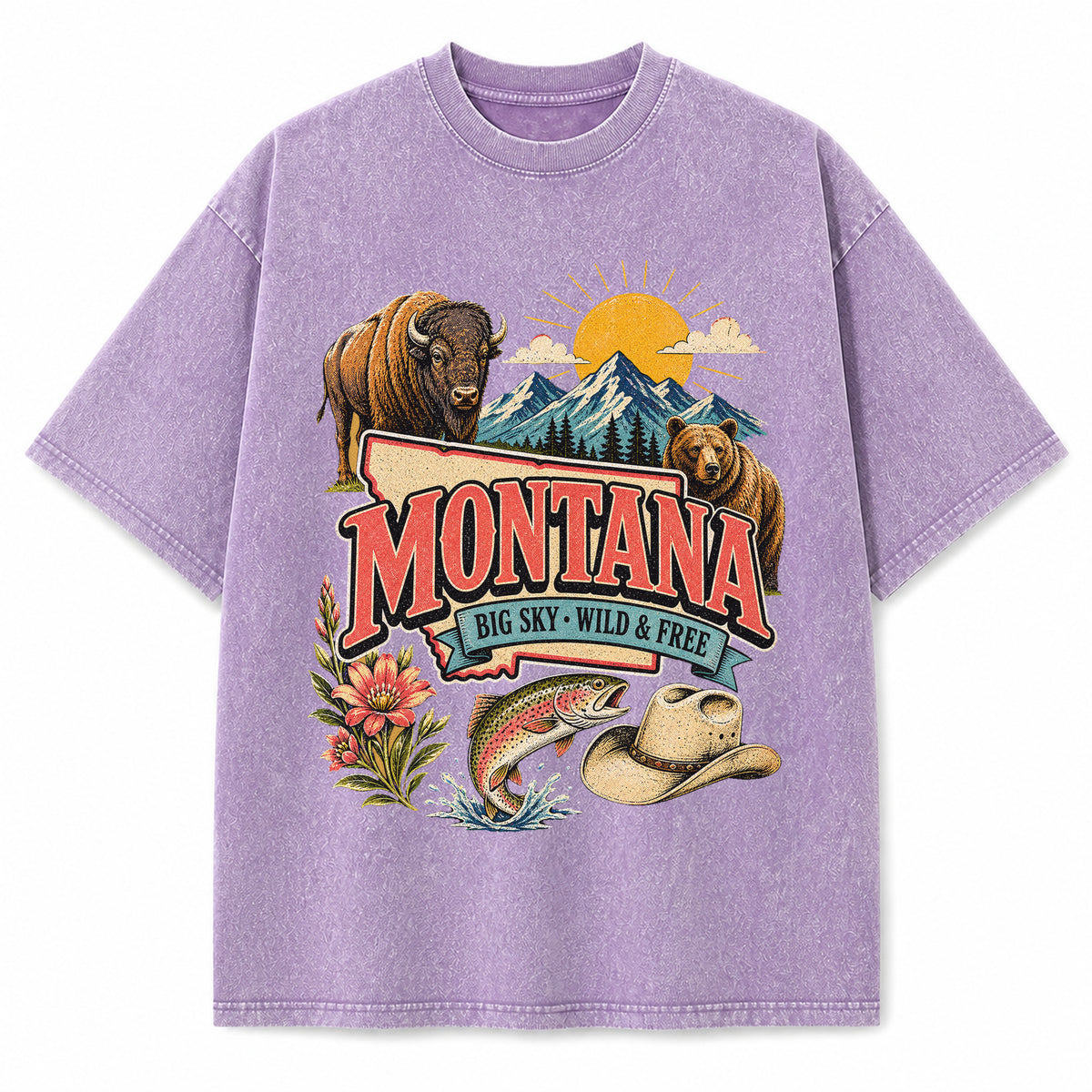 Colorful Montana State Collage Washed Vintage T-Shirt in Purple, front view on a white background