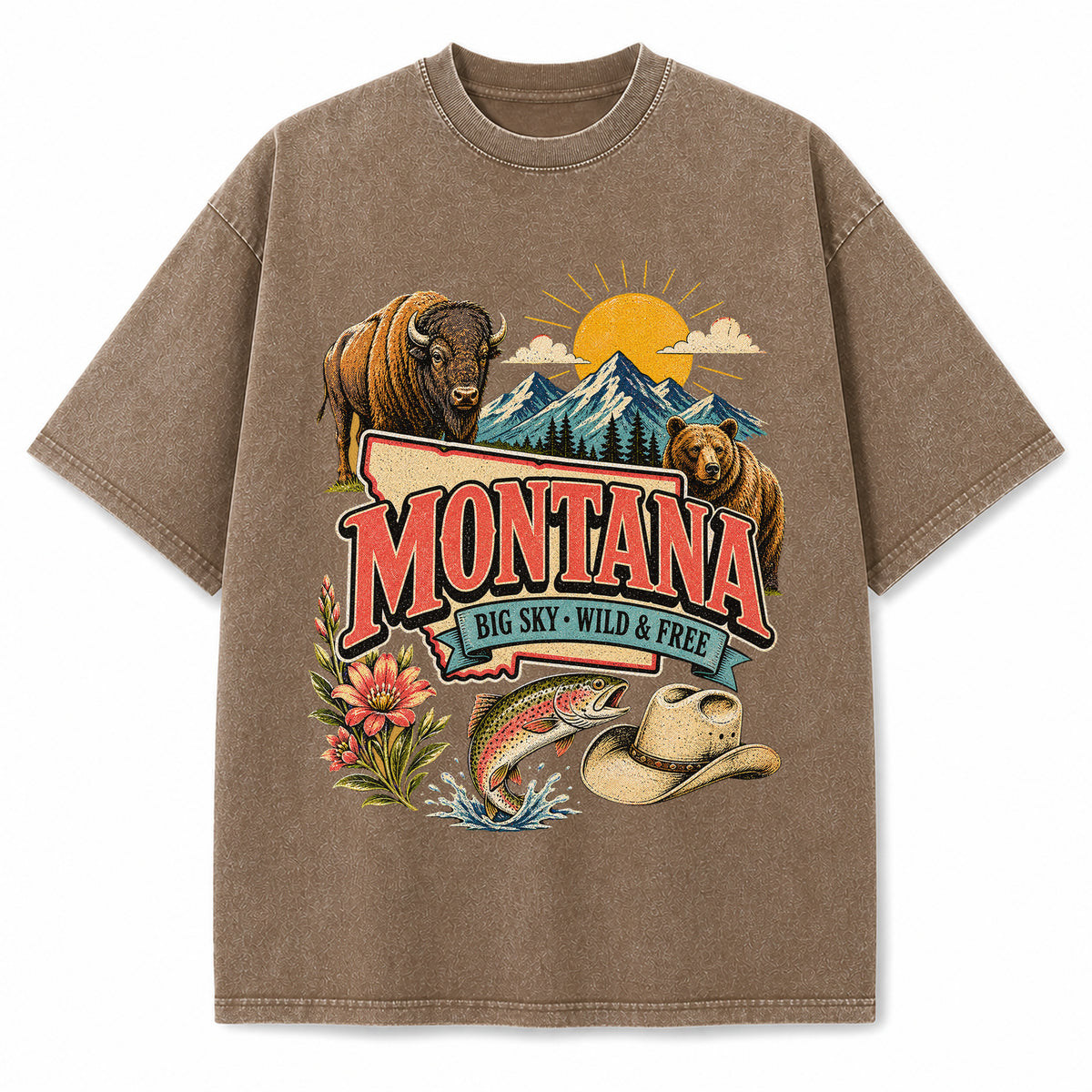 Colorful Montana State Collage Washed Vintage T-Shirt in Brown, front view on a white background
