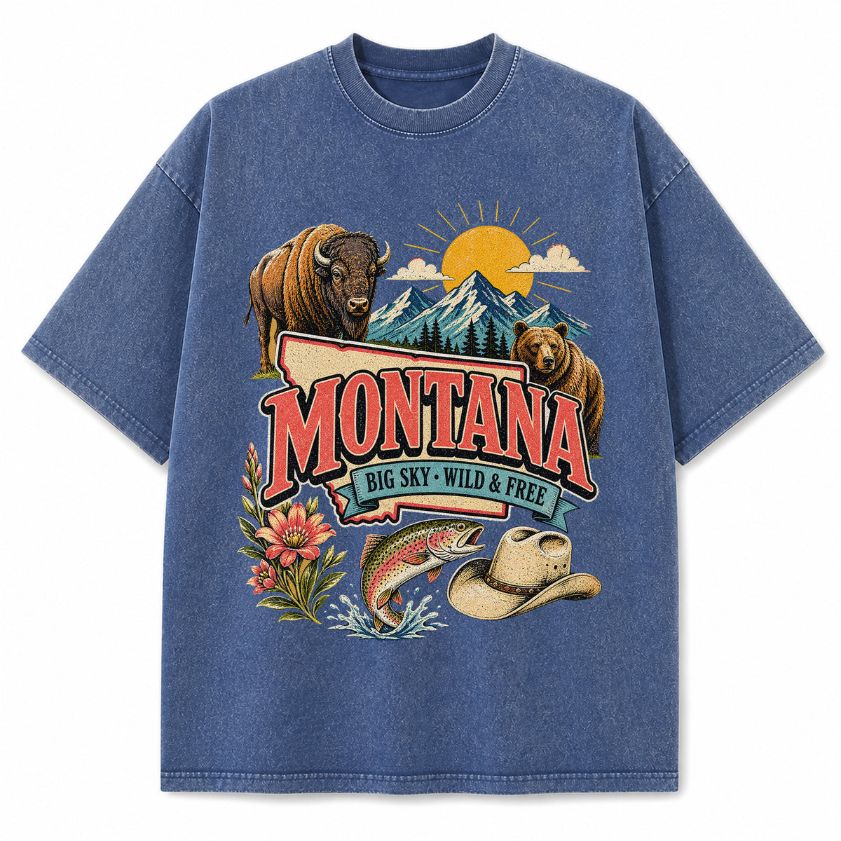 Colorful Montana State Collage Washed Vintage T-Shirt in Blue, front view on a white background
