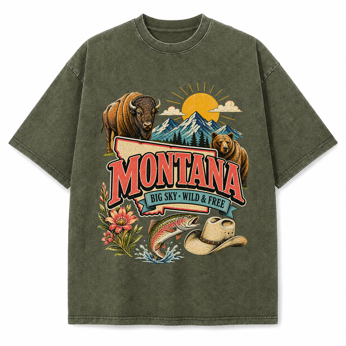Colorful Montana State Collage Washed Vintage T-Shirt in Military Green, front view on a white background